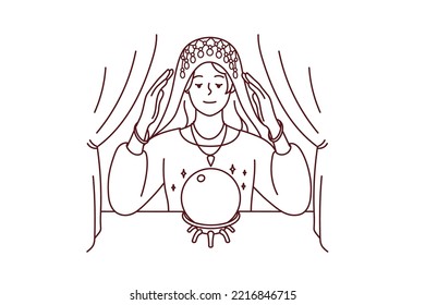 Female fortune teller look at magic ball predict future. Woman gypsy in robe do magical ritual in room. Vector illustration. 