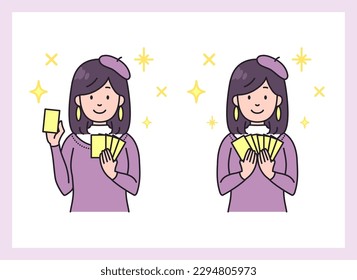 Female fortune teller with lots of cards.