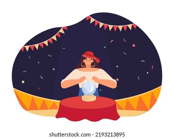 Female fortune teller with magic ball in tent. Gypsy woman making predictions flat vector illustration. Entertainment, magic, fantasy, mystery concept for banner, website design or landing web page