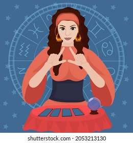 Female fortune teller predicting future. Vector illustration.