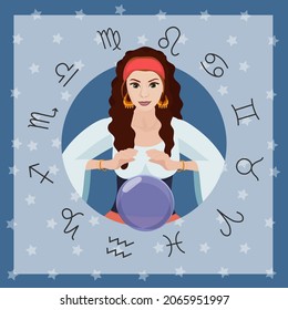 Female fortune teller predicting future. Vector illustration.
