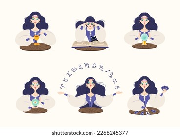 Juego de adivinas para mujeres. Ilustraciones de caricatura de una hermosa muchacha leyendo el futuro al ver la bola mágica, signos de zodiaco, libro mágico y usando terrenos de café. Vector 10 EPS.