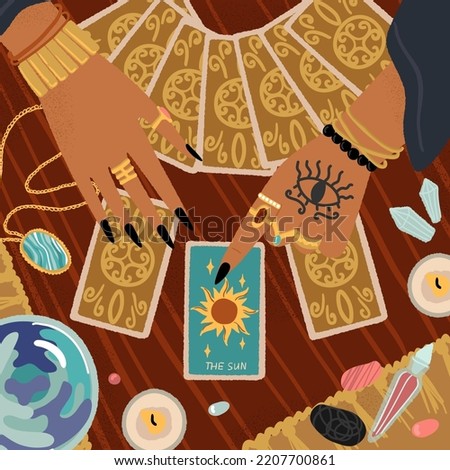 Female fortune teller using tarot cards to predict future. Divination concept vector posters set. Tarot cards, magic objects and sign, hand with seeing eye symbol, spiritual seance