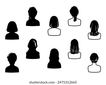 female forward-facing backward-facing upper body silhouette illustration set