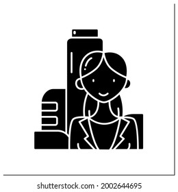 Female Founder Glyph Icon. Successful Businesswoman. Profitable Startup. Prosperous Business Founder. Perfect Financier. Strong Woman Concept.Filled Flat Sign. Isolated Silhouette Vector Illustration