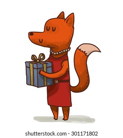 Female fox with gift, vector