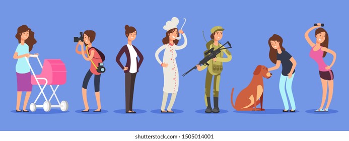 Female free choice vector concept. Woman in different life roles and professions illustration