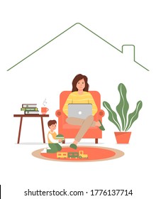 Female freelance worker with a child at the workplace. A busy mother works from home with her baby. Maternity and career. A woman freelancer works with a laptop on the net, a boy plays with toys.