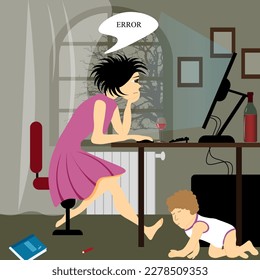 Female freelance worker with child at workplace. Maternity and career. Woman freelancer working from home with child. Freelance, mothers day concept.