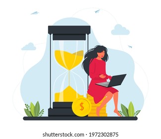 Female freelancer character working on a laptop sitting on a pile of gold coins near a huge hourglass. Freelancer money making, investment, growth concept. Vector illustration. 