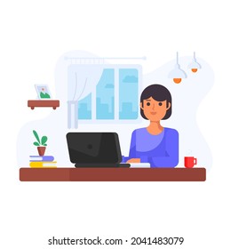 Female freelancer flat illustration, working on a laptop