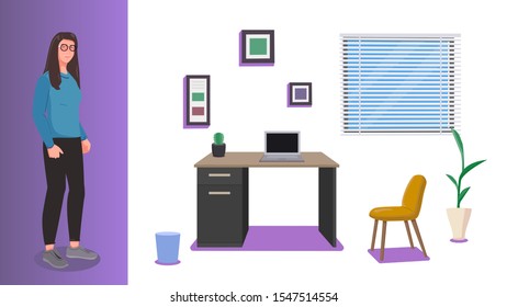 Female freelancer and room interior elements, graphics set