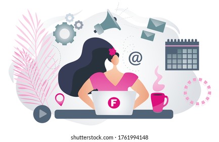 Female freelancer sitting behind the table and working on her laptop. Working from home concept. Flat vector illustration.