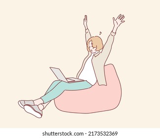 female freelancer sitting working computer. Hand drawn style vector design illustrations.