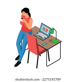 Female freelancer taking coffee break from work on laptop isometric vector illustration