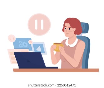 Female freelancer taking time off semi flat color vector character. Regular break. Editable figure. Full body person on white. Simple cartoon style illustration for web graphic design and animation