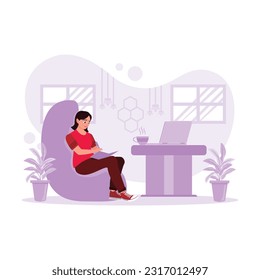 Female freelancer, working casually in the cafe, taking notes with a laptop and hot coffee. Trend Modern vector flat illustration.