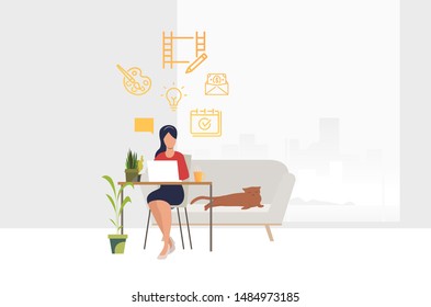 Female freelancer working at computer. Sofa, home, cat. Remote job concept. Vector illustration can be used for presentation slide, poster, new project