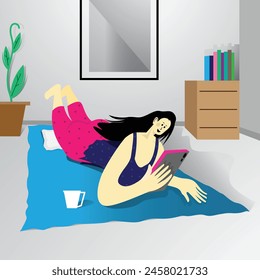 Female freelancer working from home with mobile. browsing the Internet using a tab, or laptop, and lying on the floor, the technology concept