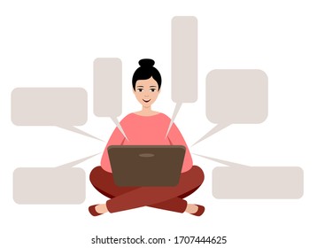 Female freelancer is working on a laptop. Distance job. Empty talk form. Vector illuatration