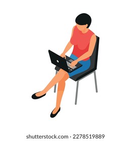 Female freelancer working on laptop isometric vector illustration