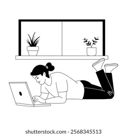 Female freelancer working on a laptop, hand drawn illustration