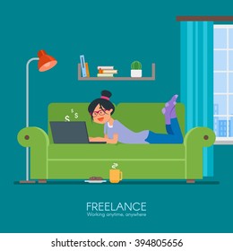 Freelancer feminina trabalhando remotamente de seu quarto. Ilustração vetorial de conceito freelance em design de estilo plano. Local de trabalho de escritório em casa. Compras online.