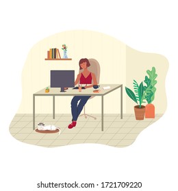 Female freelancer works from home. A girl in pajamas sits at a computer and draws on a graphics tablet. The concept of work or study from home. Flat vector illustration.