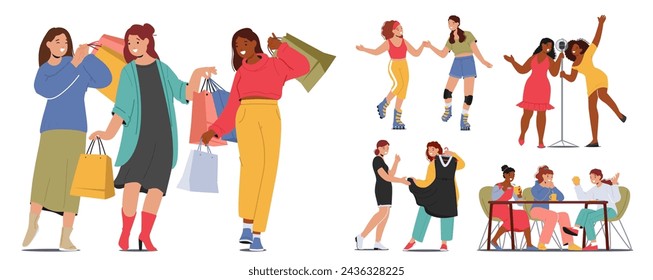 Female Friend Characters Gather, Sharing Laughter And Stories, Enjoying Each Other Company In Cozy Cafe, Shopping, Singing in Karaoke Bar Or Rollerblading Park. Cartoon People Vector Illustration