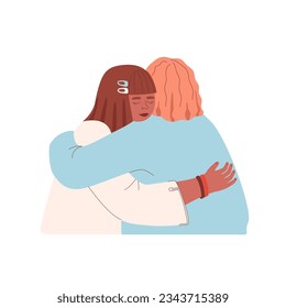 Female friend hug. Women embracing each other, expressing love, affection, support. Vector illustration for friendship, strong relations, support concept