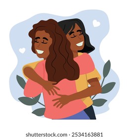 Amiga abraço. Mulheres abraçando umas às outras, expressando amor, carinho, apoio. Ilustração vetorial para amizade, relações fortes, conceito de apoio.