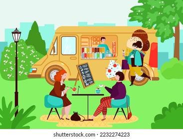 Female friend sitting outdoor green park cafe and eat ice cream delicious dessert, mobile sundae food shop banner flat vector illustration.