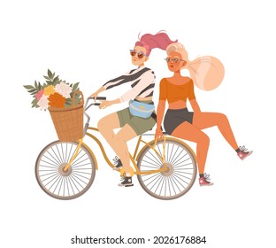 Female Friend Spending Time Together Riding Bicycle Vector Illustration