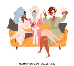 Female Friend Spending Time Together Sitting on Sofa, Taking Selfie and Gossiping Vector Illustration
