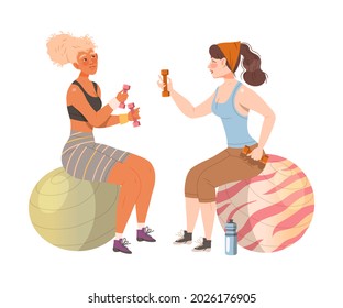 Female Friend Spending Time Together Sitting on Fitball in Gym Doing Sport and Gossiping Vector Illustration