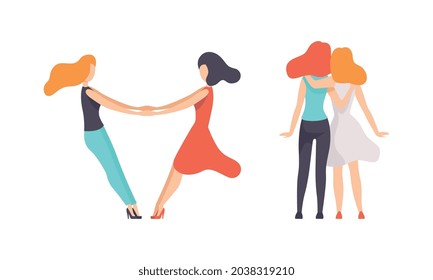 Female Friend Spending Time Together Embracing and Holding Hands Vector Set