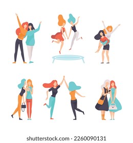 Female Friend Spending Time Together Embracing, Jumping on Trampoline, Giving High Five, Gossiping and Walking Vector Set