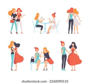 Female Friend Spending Time Together Embracing, Walking and Drinking Tea Vector Set