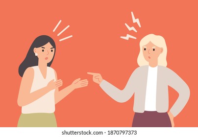 Female friends arguing, yelling at each other. Girls having conflict, communicating with aggression and anger. Women quarreling. Furious and nervous people having dispute vector illustration