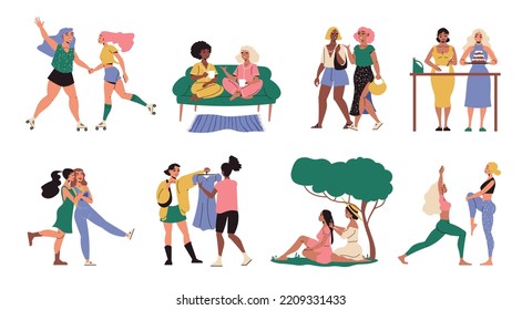 Female friends cartoon compositions with girls pairs relaxing outdoors cooking shopping rolling isolated vector illustration