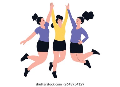 Female friends celebrating joyful moment, women's empowerment concept vector illustration.