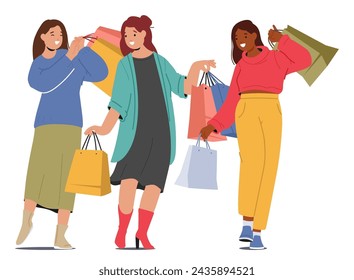 Female Friends Characters Stroll, Laughter In The Air, Clutching Shopping Bags, while Navigate City Stores, Cherishing Their Time Spent Together In Joyful Companionship. Cartoon Vector Illustration