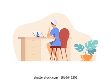 Female friends chatting online. Woman with towel on head using laptop for video call flat vector illustration. Communication, internet concept for banner, website design or landing web page