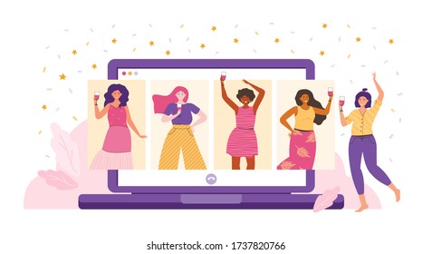 Female friends communicate via video chat. Online party, birthday, holiday, meeting friends. Girls have fun, laugh, talk and drink wine. Online chat using the video app. Spending time at home.