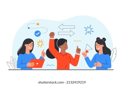 Female friends concept. Girls communicate, brainstorm and colleagues. Girlfriends at party or disco, holiday. Rest after work and entertainment, creative people. Cartoon flat vector illustration