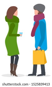 Female friends discussing events vector. Isolated characters wearing winter clothes talking. Neighbors with bag and cup of coffee or hot tea. Lady returning home from shopping carrying packet