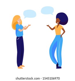 Female friends discussing news. Speech bubble, conversation, friendly talk flat vector illustration. Communication or meeting concept for banner, website design or landing web page