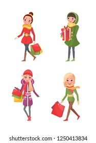 Female friends doing shopping isolated cartoon style characters. Stylish ladies in coats and scarves vector women shopaholics with presents gift boxes