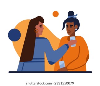 Female friends drink water and talking. Communication between young adult people. Modern everyday life of people. Nice weekend walk. Leisure time on vacation. Flat vector illustration