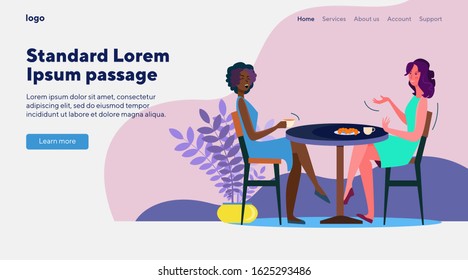 Female friends drinking coffee together. Interracial young women meeting in cafe, having fun flat vector illustration. Friendship, communication concept for banner, website design or landing web page